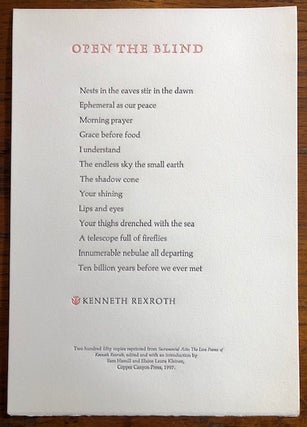 Item #50226 OPEN THE BLIND. Kenneth Rexroth