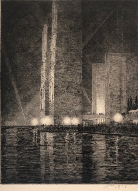 Item #51135 GRAND CANAL, AMERICA: Electrical Building at Night. "Chicago Fair 1933" Gerald K. Geerlings.