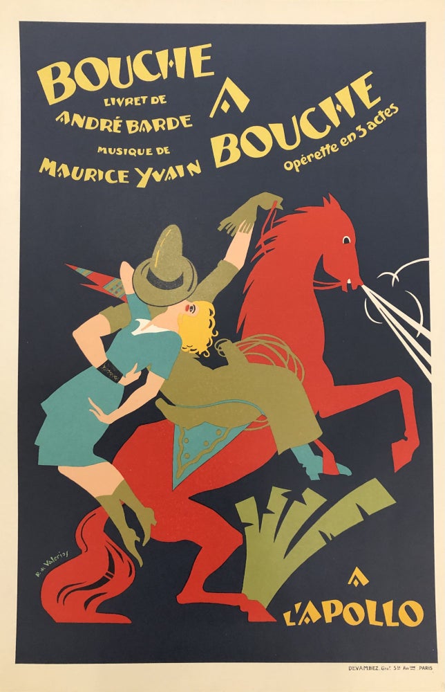Item #51719 BOUCHE a BOUCHE. Operette in 3 actes. Livret De Andre Barde, Musique de Maurice Yvain. 1925. (Original Vintage Poster). Roger de Valerio.