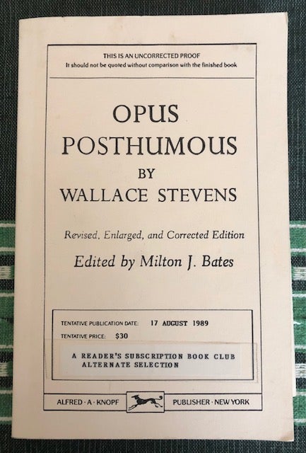Item #52268 OPUS POSTHUMOUS (Uncorrected Proof). Wallace Stevens.