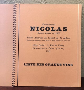 ETABLISSEMENTS NICOLAS MAISON FONDEE En 1822. Liste des Grands Vins 1931