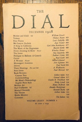 Item #52808 THE DIAL. Volume LXXXV, Number 6. December 1928. Marianne Moore, Scofield Thayer,...