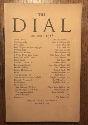 Item #52810 THE DIAL. Volume LXXXV, Number 4. October 1928. Marianne Moore, Scofield Thayer, adviser