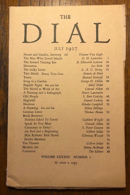 Item #52820 THE DIAL. Volume LXXXIII, Number 1. July 1927. Marianne Moore, Scofield Thayer, adviser.