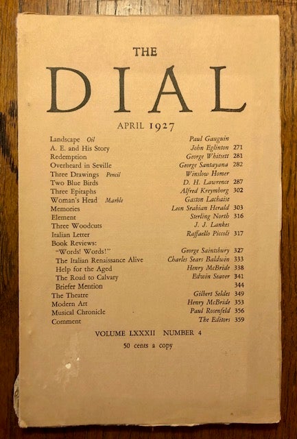 Item #52823 THE DIAL. Volume LXXXII, Number 4. April 1927. Marianne Moore, Scofield Thayer, adviser.