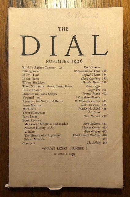 Item #52827 THE DIAL. Volume LXXX1, Number 5. November 1926. Marianne Moore, Scofield Thayer, adviser.