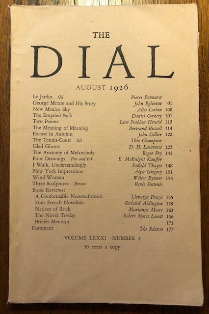 Item #52828 THE DIAL. Volume LXXX1, Number 2. August 1926. Marianne Moore, Scofield Thayer, adviser.