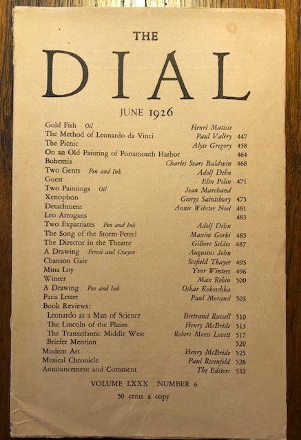 Item #52830 THE DIAL. Volume LXXX, Number 6. June 1926. Scofield Thayer, Marianne Moore, acting.
