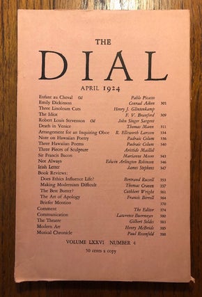 Item #52849 THE DIAL. Volume LXXVI, Number 4. April 1924. Scofield Thayer, Alyse Gregory, managing