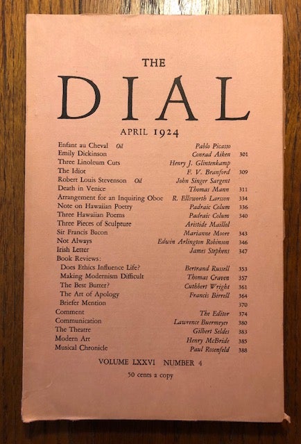 Item #52849 THE DIAL. Volume LXXVI, Number 4. April 1924. Scofield Thayer, Alyse Gregory, managing.