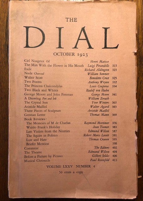 Item #52853 THE DIAL. Volume LXXV, Number 4. October, 1923. Scofield Thayer, Alyse Gregory, managing.