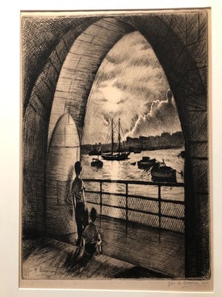 Item #54140 ADVENTURE CALLS: City Yacht Basin. Original Signed Etching. Elias M. Grossman
