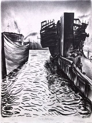 Item #54164 PIER 50 NORTH RIVER. Original Signed Lithograph. Hubert Davis
