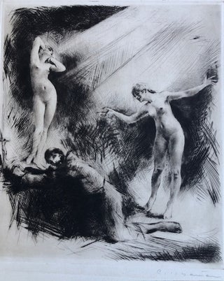 Item #54174 UNITITLED. (Two Nude Women with Praying Man) Original Signed Etching. Carl Joseph Bauer