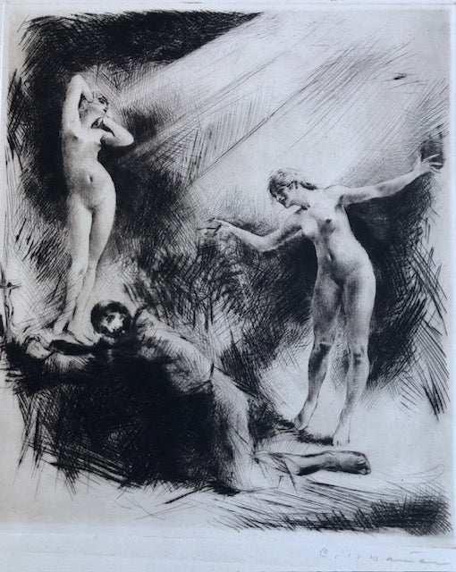 Item #54174 UNITITLED. (Two Nude Women with Praying Man) Original Signed Etching. Carl Joseph Bauer.