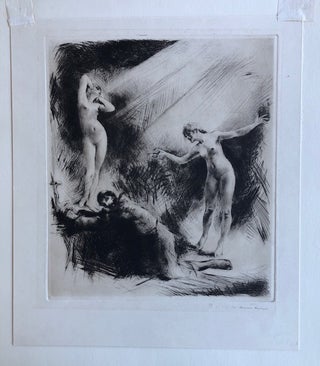 UNITITLED. (Two Nude Women with Praying Man) Original Signed Etching.