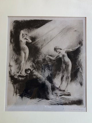 UNITITLED. (Two Nude Women with Praying Man) Original Signed Etching.